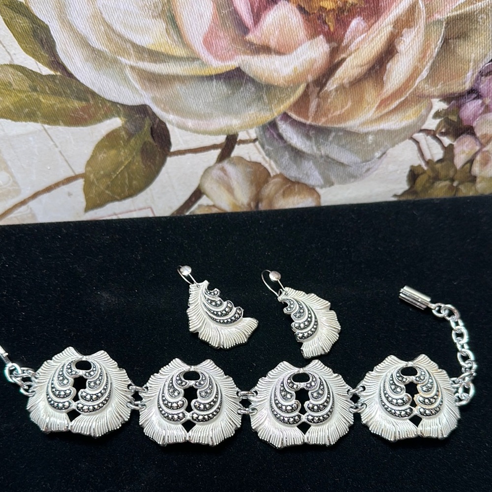 Germany Enameled Marcasite silver metal Bracelet & pierced ear Set